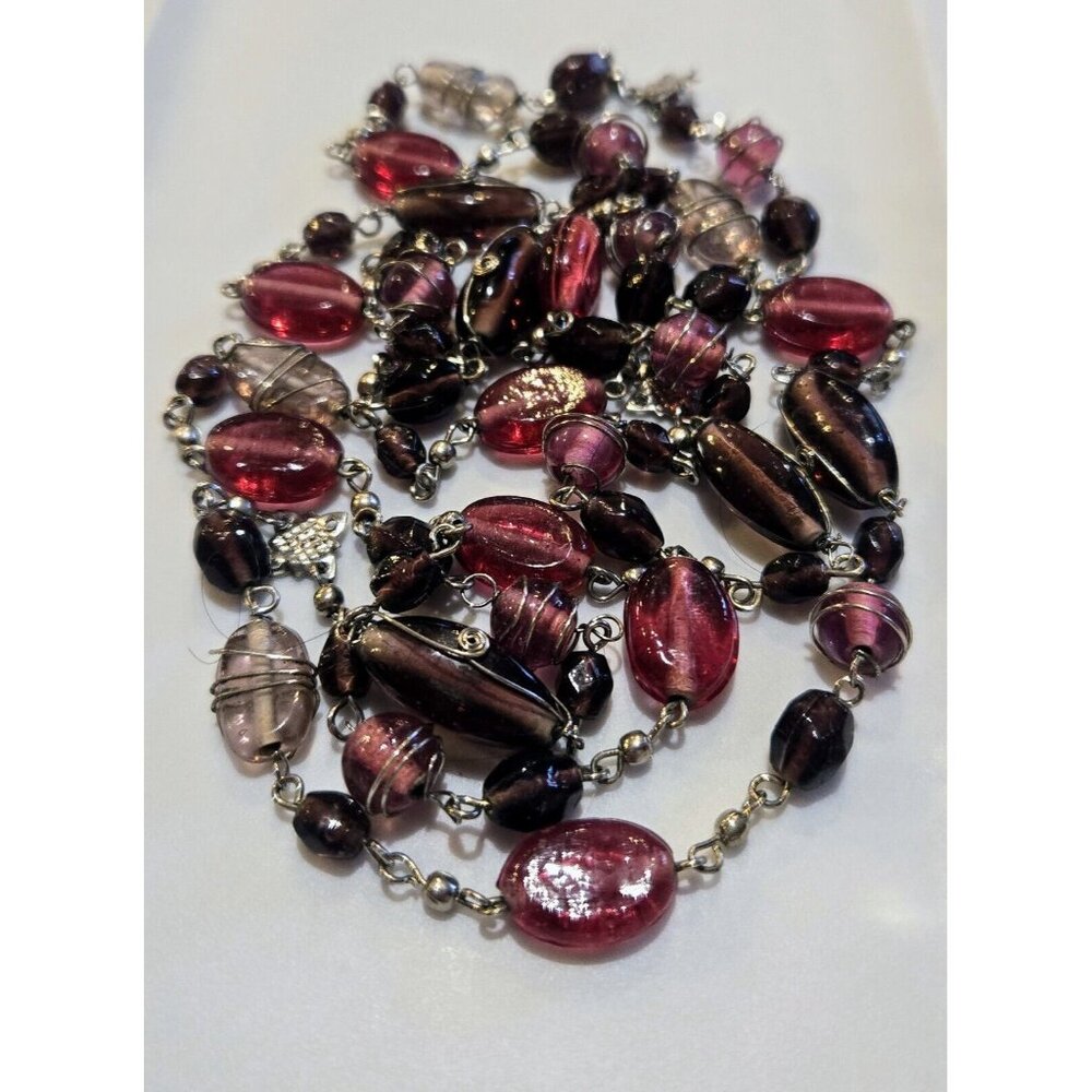 Beautiful Hand Made Wire Wrapped Glass Bead Necklace Purple Beads 24 inches